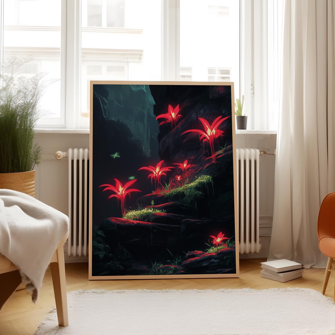 Enchanted Cave Glowing Red Flowers Mystical Dark Fantasy Floral Poster - Image 2