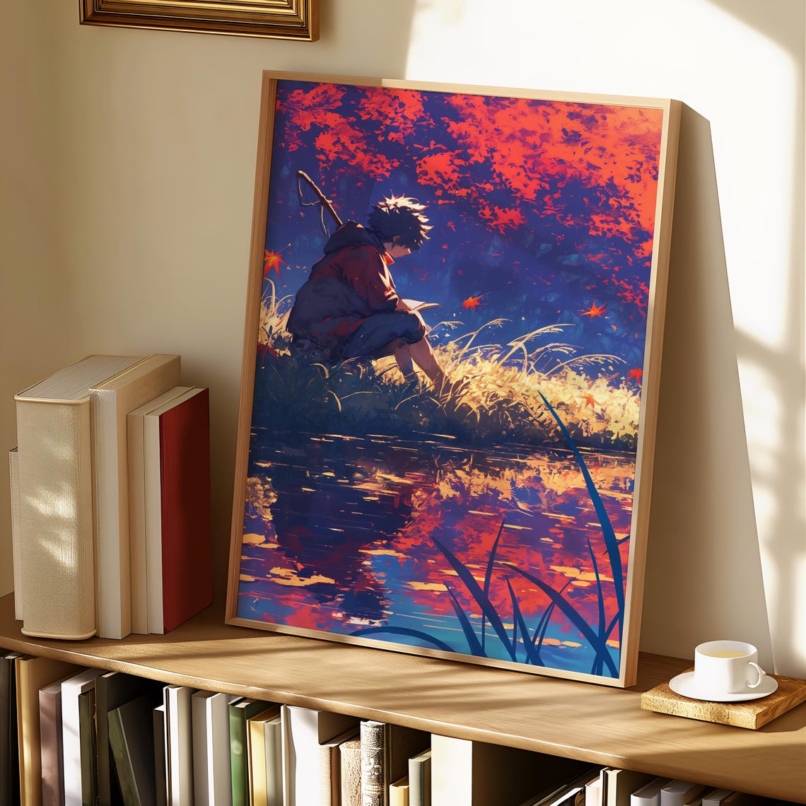 Anime Boy Reading Sunset Lake Reflection Autumn Grasses Poster - Image 2