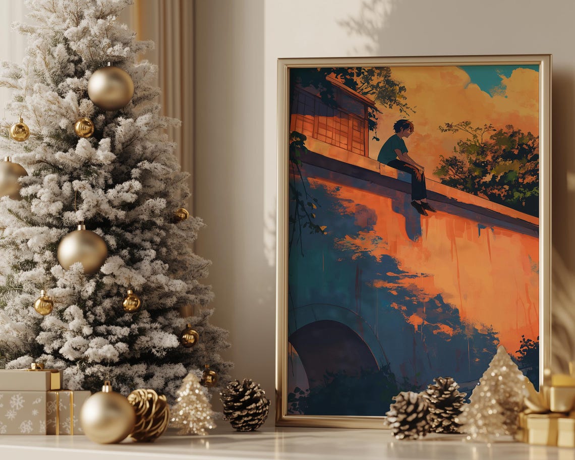 Anime Boy Sunset Bridge Ledge Golden River Reflection Lofi Art Poster - Image 4