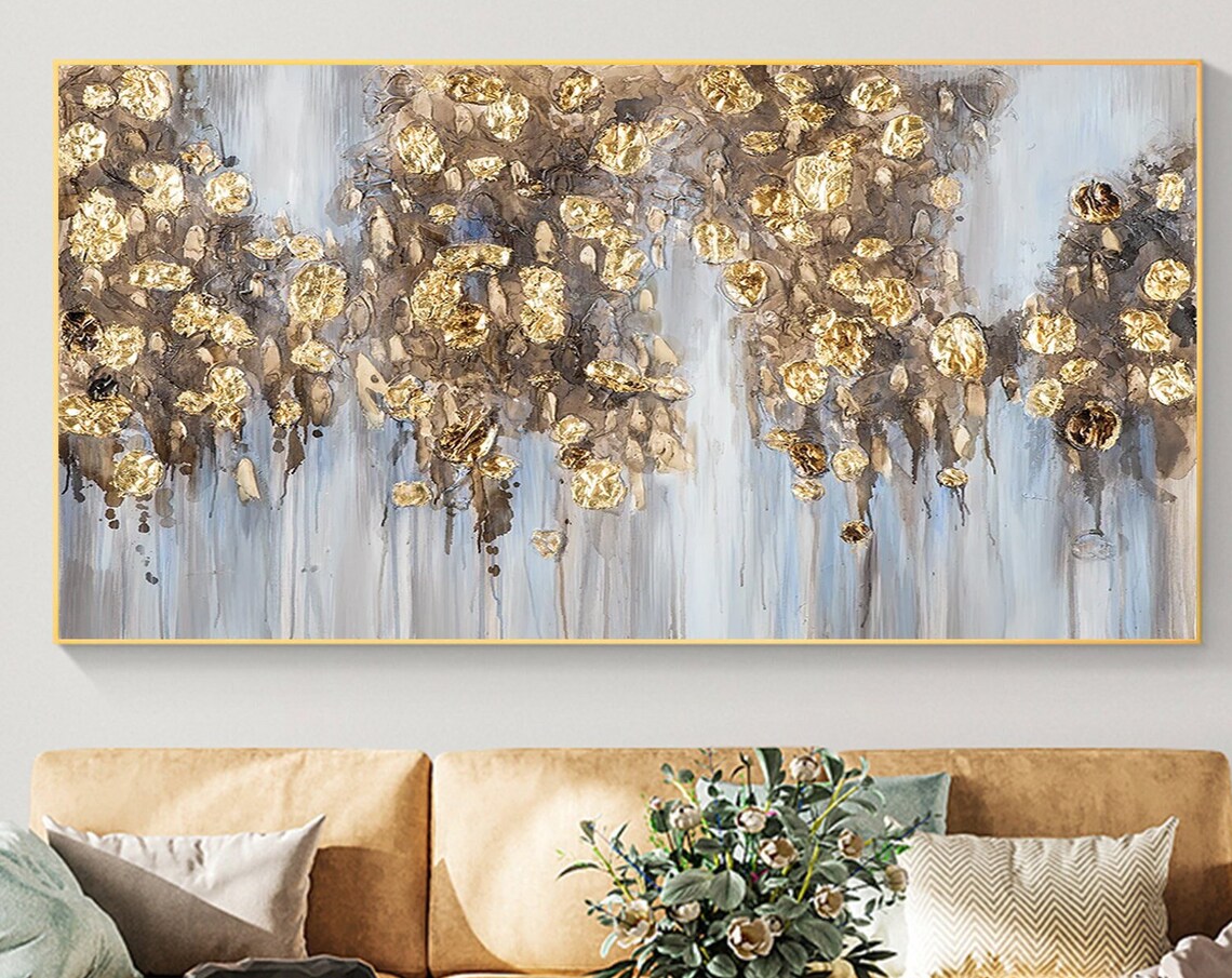 Gold Leaf Rain Abstract on Gray Textured Oil Painting Poster