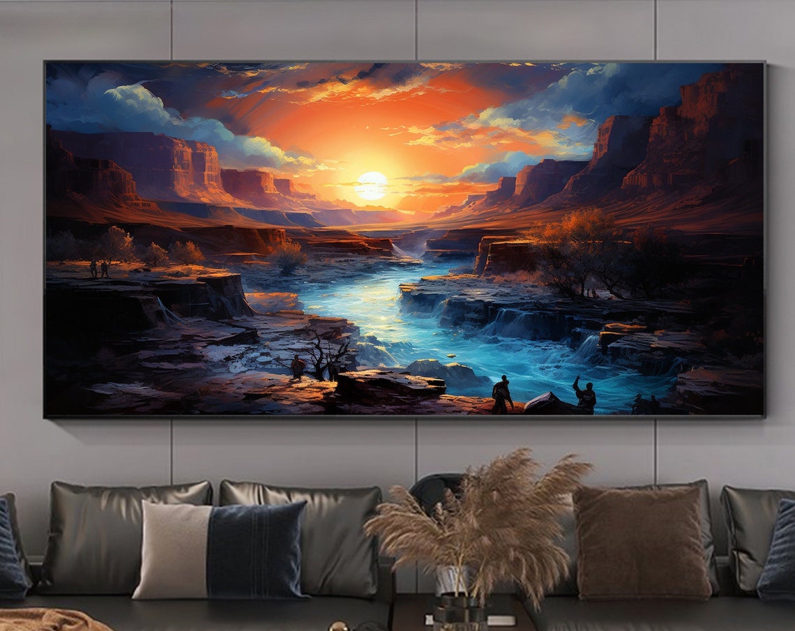 Original River Landscape Oil Painting On Large Wall Art Abstract Sunset Mountain Painting Minimalist Art Custom Living Room Decor