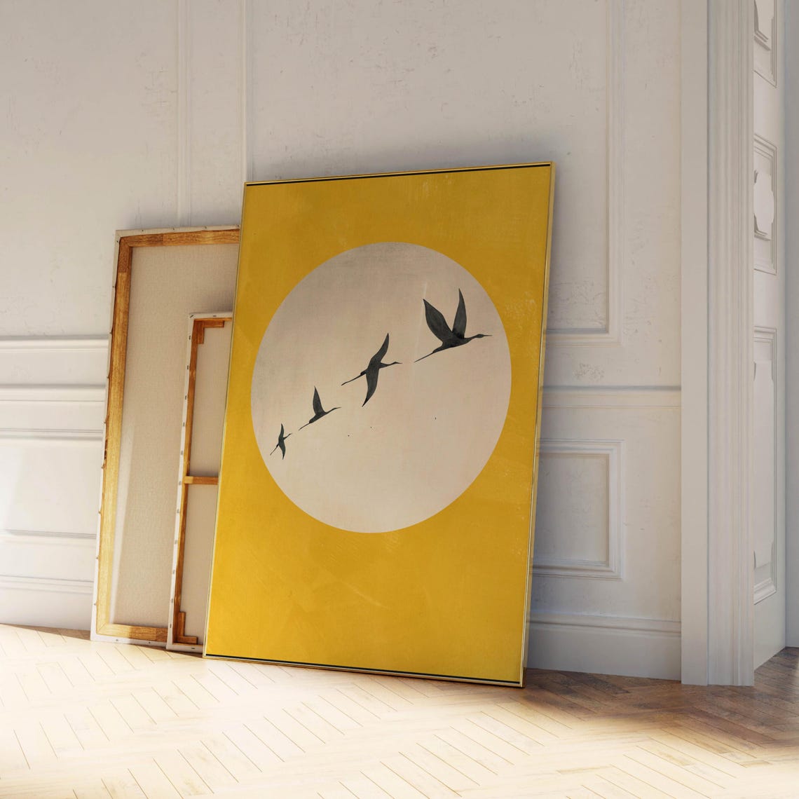 Japandi Yellow Sun Flying Birds Silhouette Minimal Art Poster - Image 2