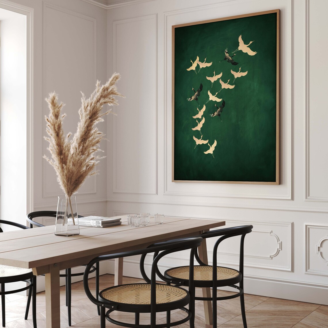 Japanese Cranes Art Print, Emerald Green Maximalist Decor - Image 3