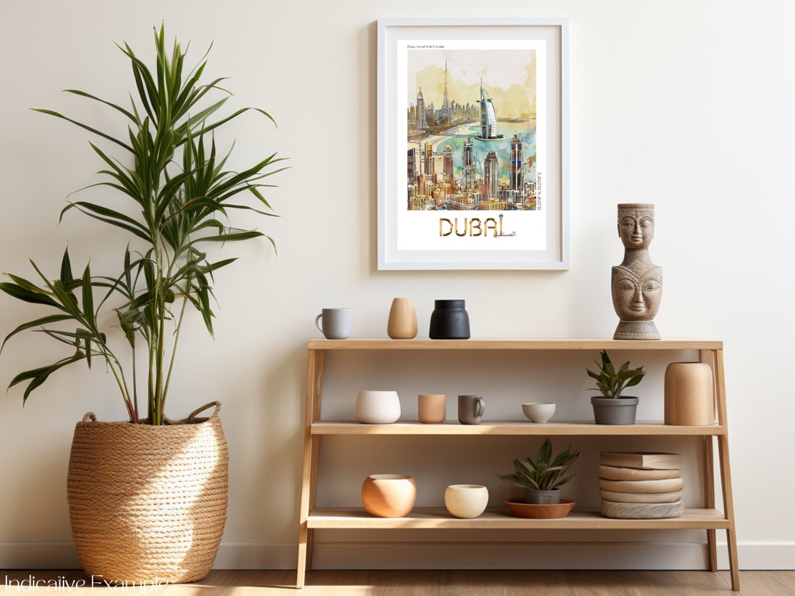 Dubai Skyline Watercolor Burj Khalifa Gold Lettering Travel Poster - Image 2
