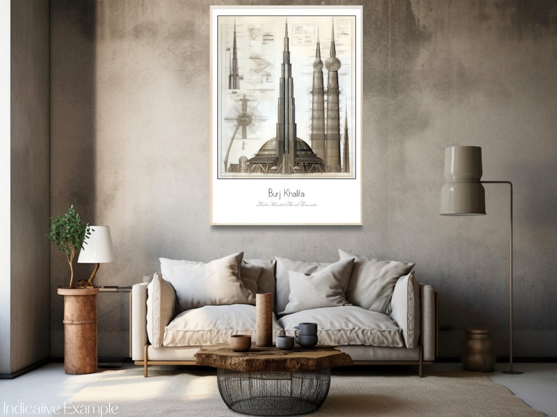 Burj Khalifa Dubai Sepia Blueprint Architectural Drawing Art Poster - Image 3