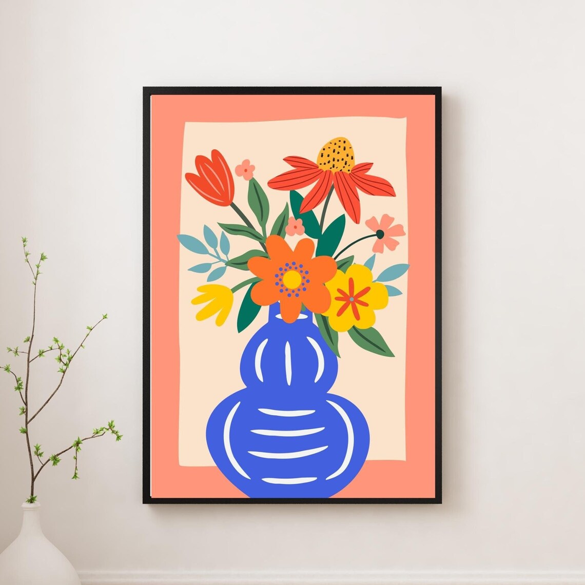 Modern Flat Floral Bouquet In Cobalt Blue Vase On Peach Art Print