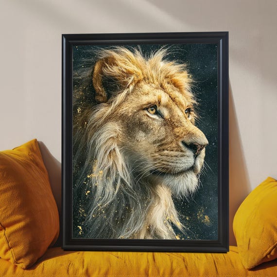 Majestic Golden Mane Lion Portrait Wood Framed Wall Art Print Wildlife Animal Poster