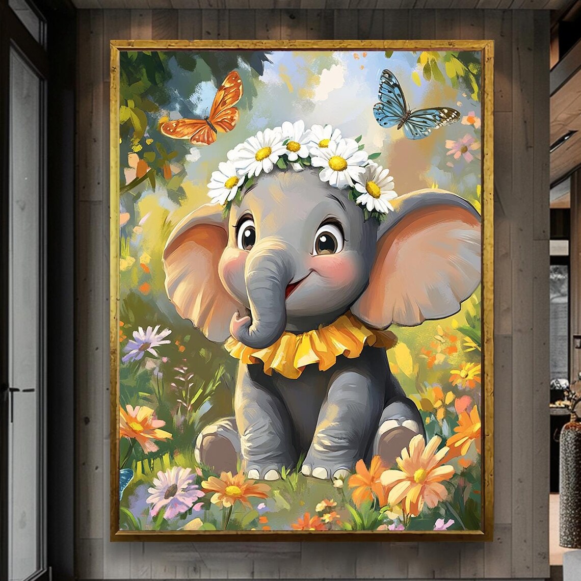 Baby Elephant Daisy Flower Crown Butterfly Garden Nursery Poster