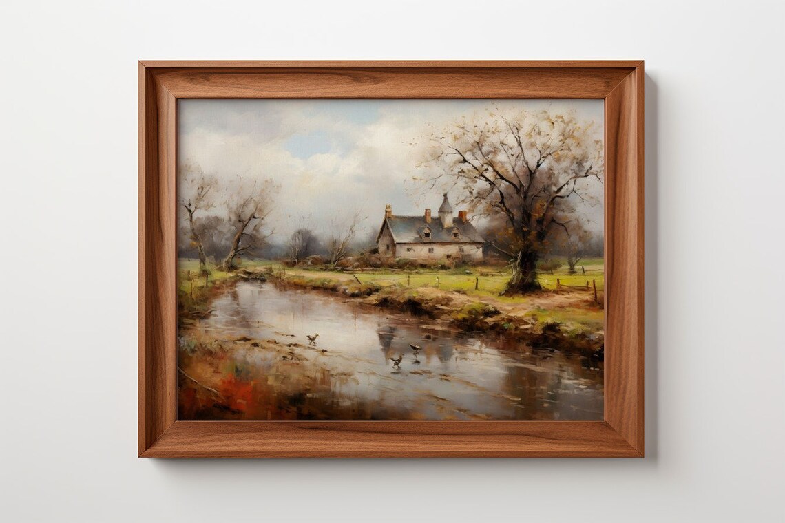 Rustic Reflections, A Cottage By The Stream Antique Print - Image 4