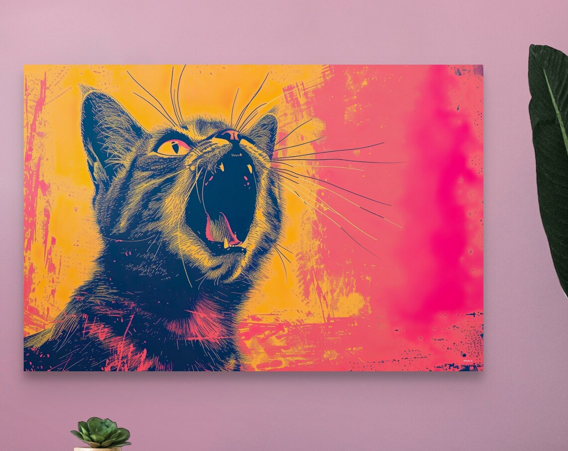 Yawning Black Cat Pop Art Neon Yellow Pink Portrait Photo Poster