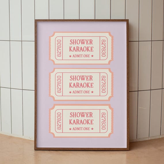 Shower Karaoke Ticket Print Bathroom Retro Pink Purple Singing Funny Wall Art Vintage Trendy Home Decor