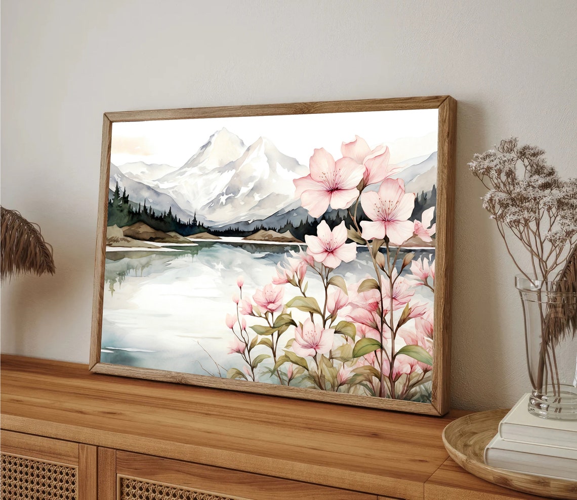 Snowcapped Mountain Lake Pink Blossom Branches Watercolor Poster - Image 4