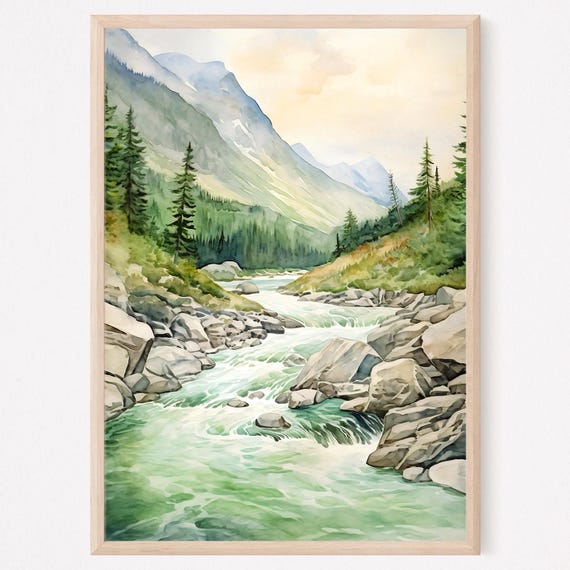 Mountain River Watercolor Landscape Pine Tree Wall Art Green Beige Art Print Pine Forest Painting Large Wall Decor Gift