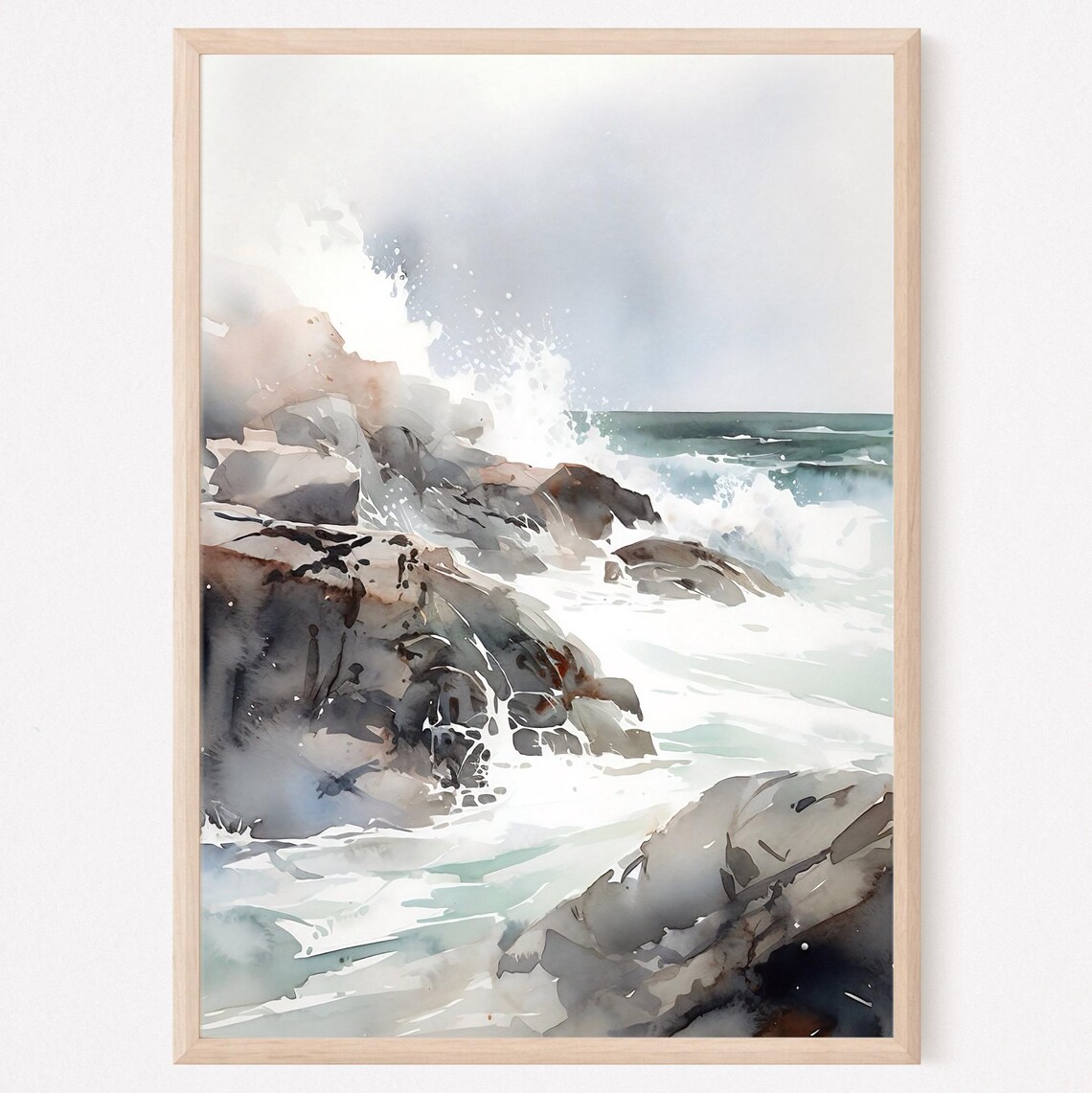 Ocean Waves Crashing Dark Rocks Spray Watercolor Seascape Poster