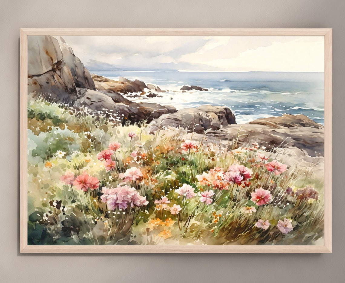 Pink Wildflowers Blooming Over Rocky Sea Cliff Watercolor Poster - Image 4