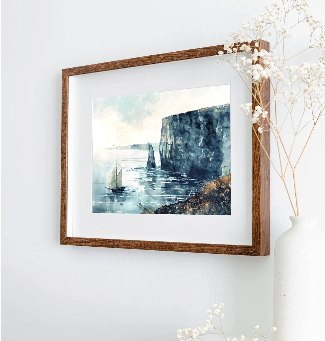 Sailboat By Blue Sea Cliffs Rocky Stack Watercolor Nautical Poster - Image 4