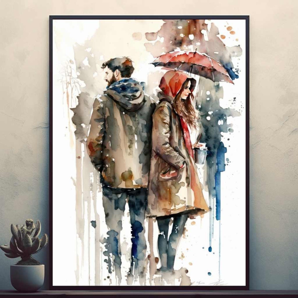 Couple in the Rain Sharing a Red Umbrella Watercolor Art Poster