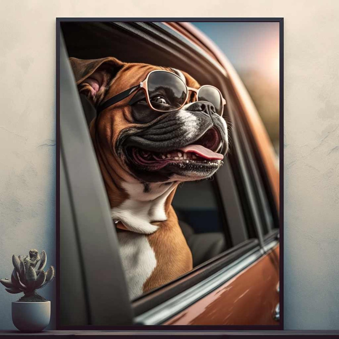 Cool Boxer Dog Wearing Sunglasses Hanging Out the Car Window Poster
