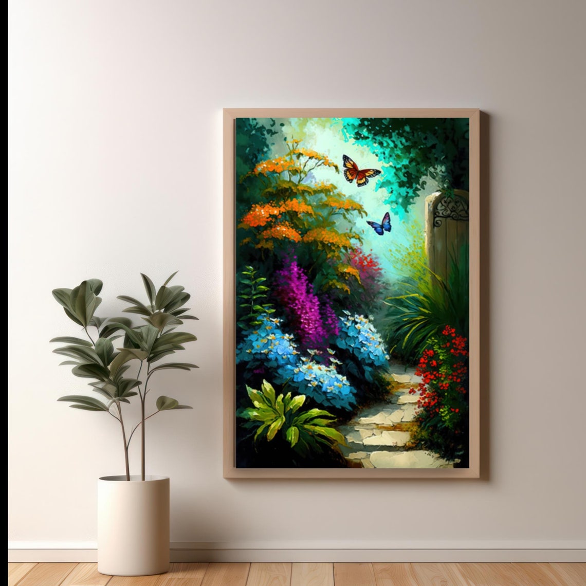 Colorful Flower Garden Stone Path Butterflies Botanical Poster