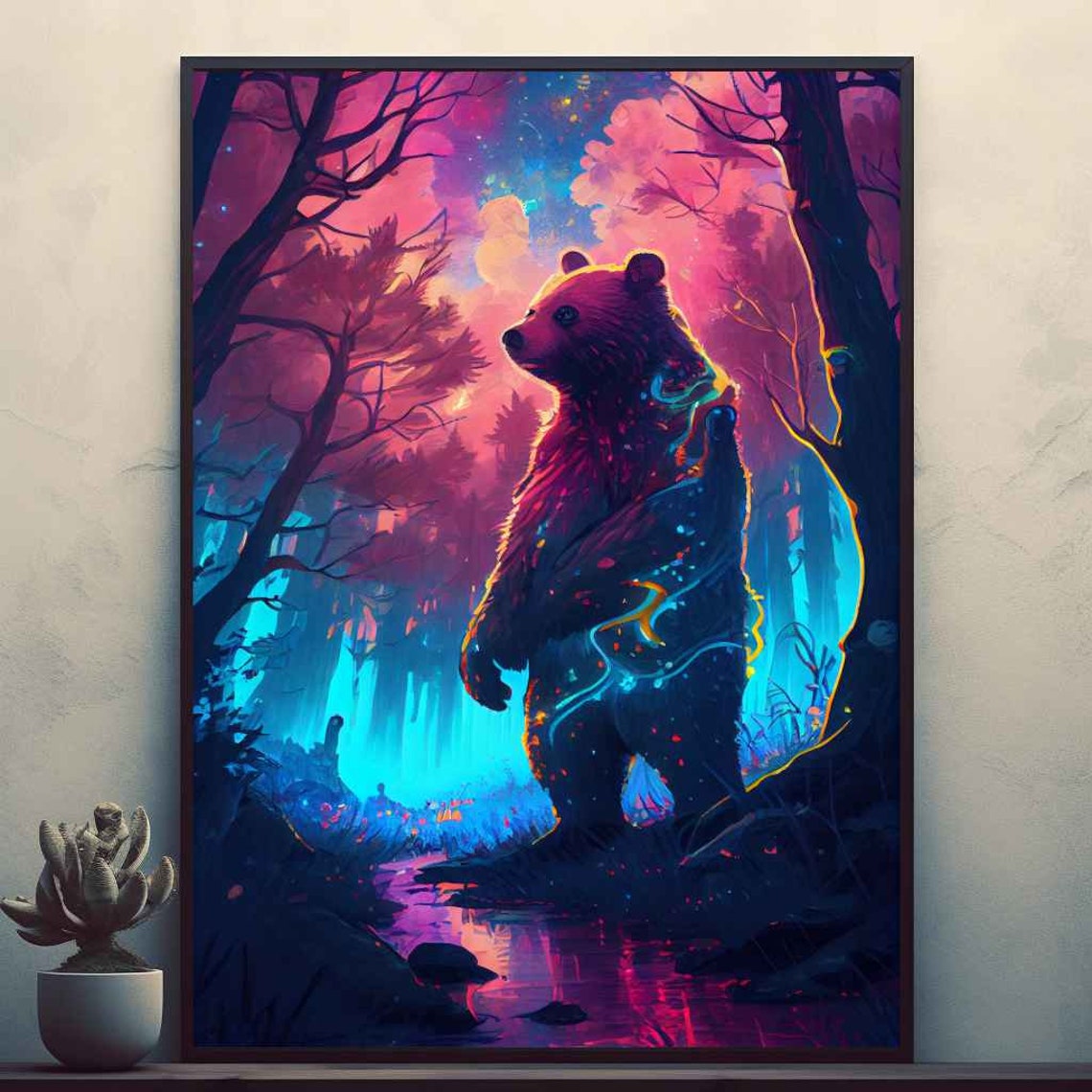 Neon Bear Standing in Glowing Psychedelic Forest Night Wall Art