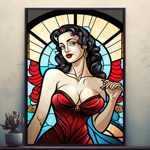 Stained Glass Woman in Red Dress Vintage Art Nouveau Wall Art
