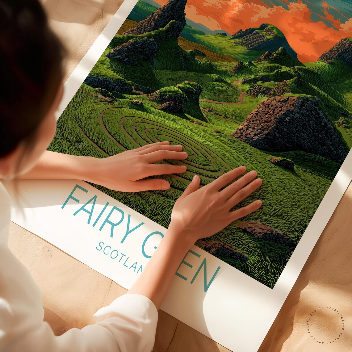 Fairy Glen Scotland Green Hills Rocky Sunset Glow Travel Poster - Image 3