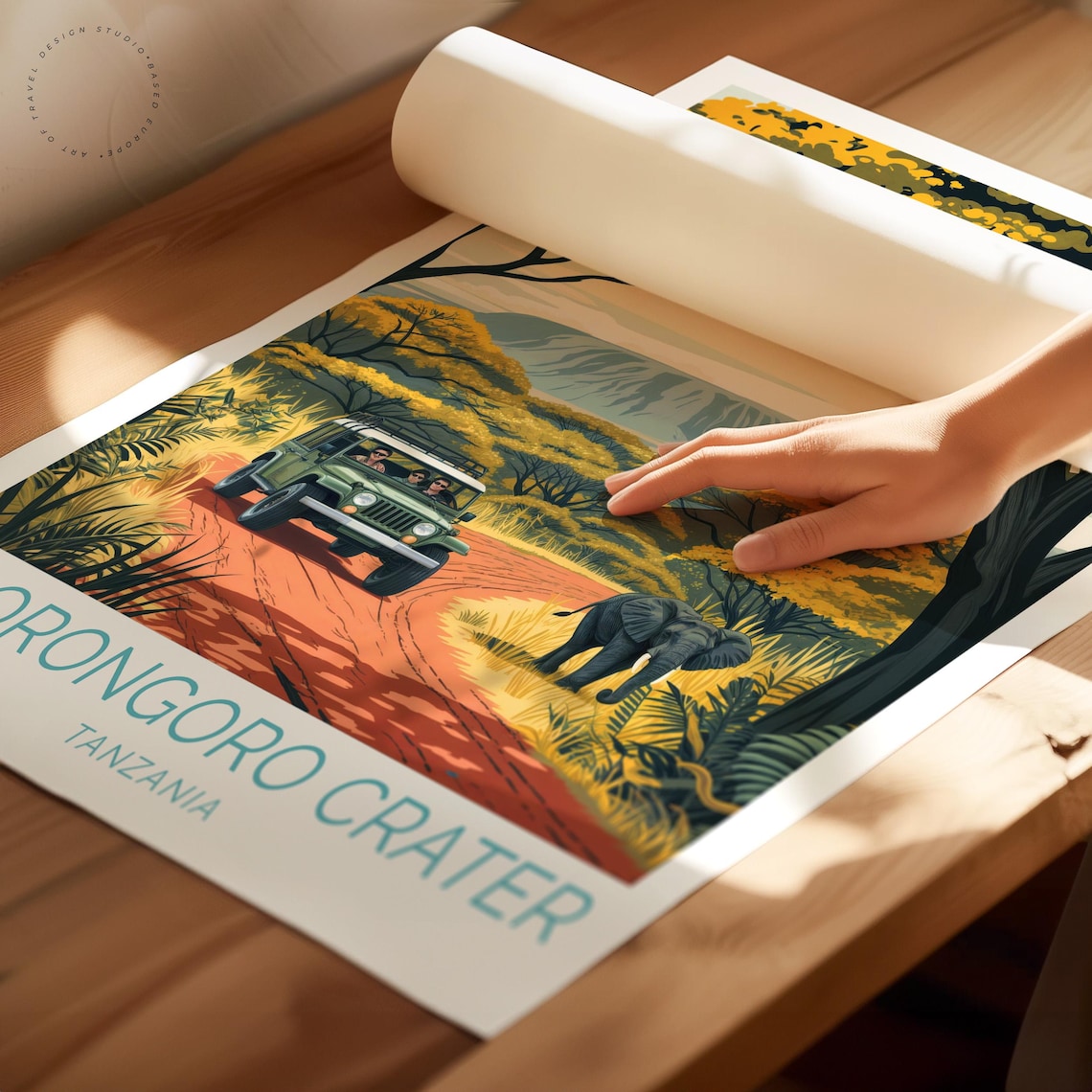 Ngorongoro Crater Tanzania Safari Jeep Elephant Vintage Travel Poster - Image 2