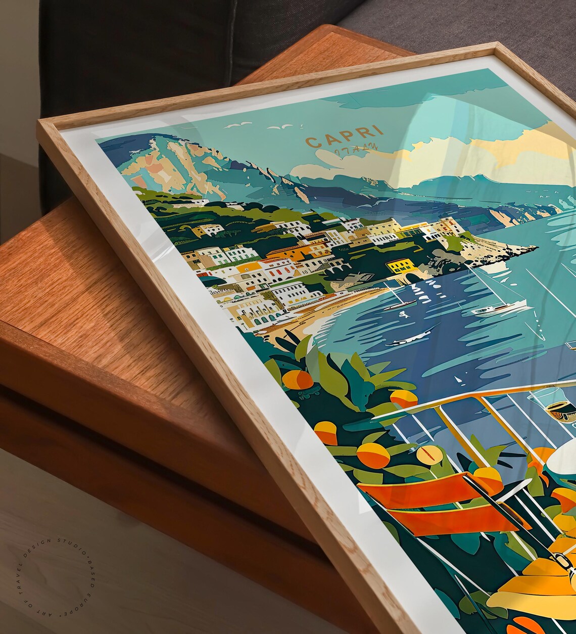 Capri Italy Bay Balcony Wine Sailboats Coastal View Travel Poster - Image 3