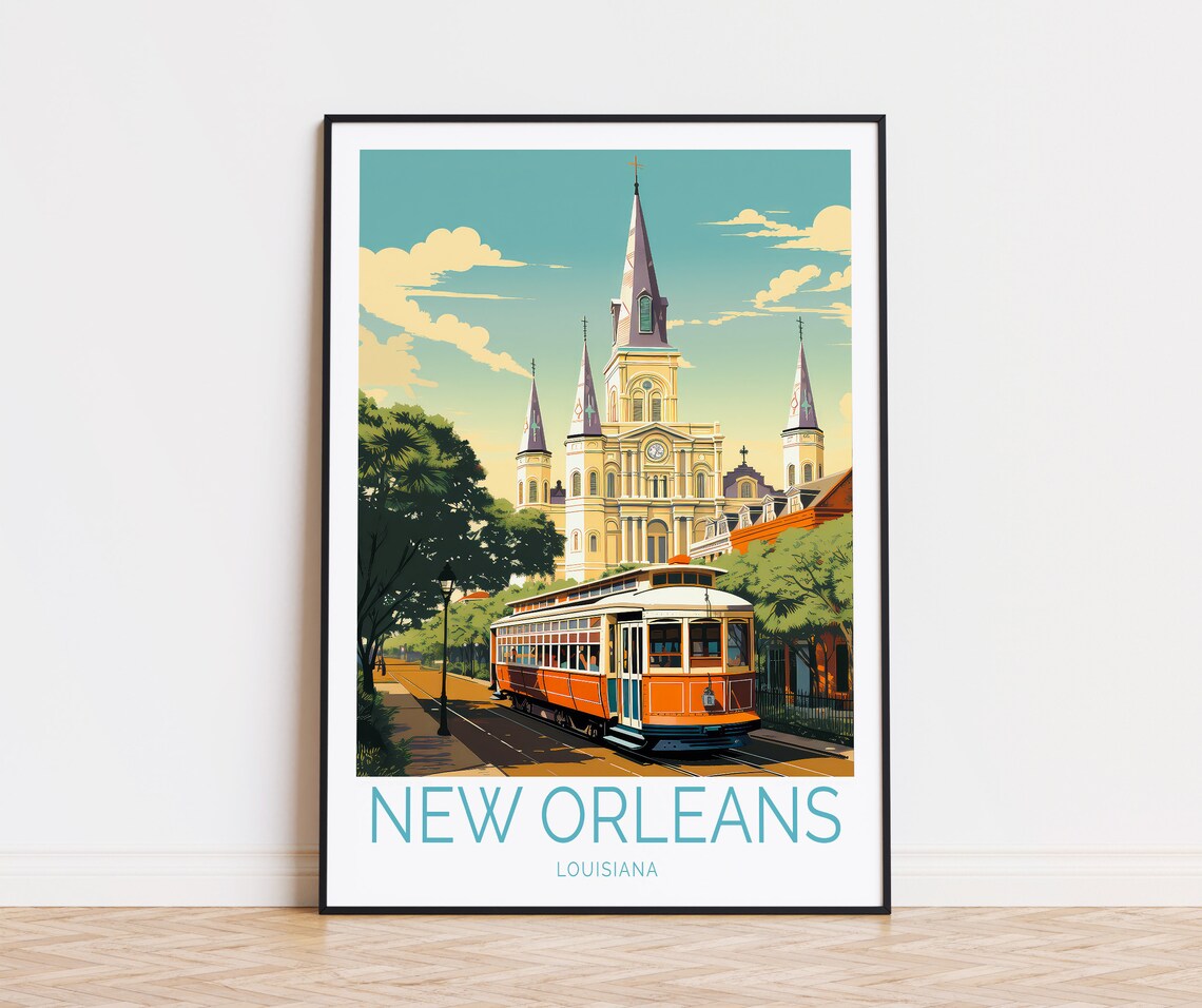 New Orleans Louisiana Cathedral Streetcar Vintage Travel Poster