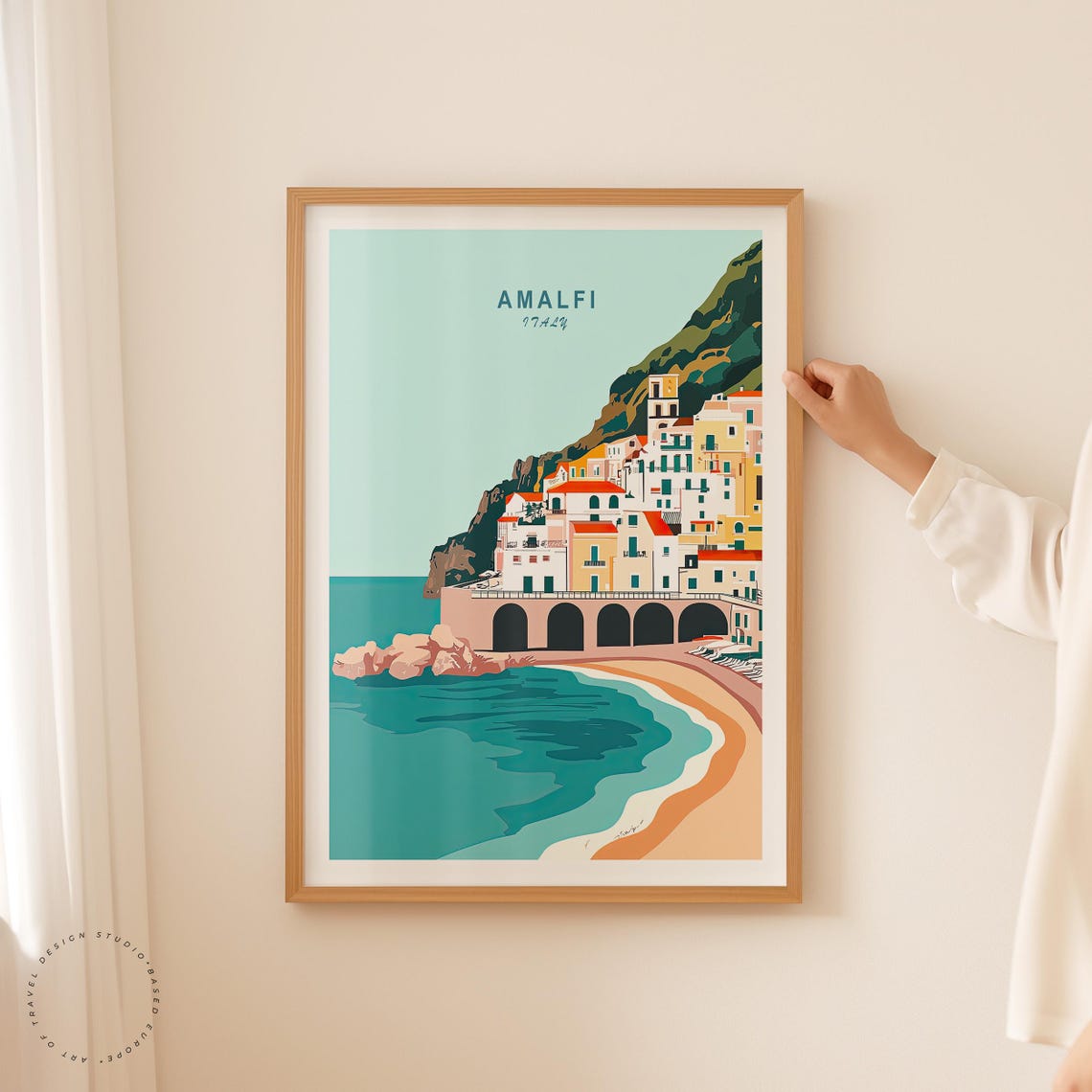 Amalfi Italy Beach Cove Stacked Houses Cliff Top Title Poster - Image 2