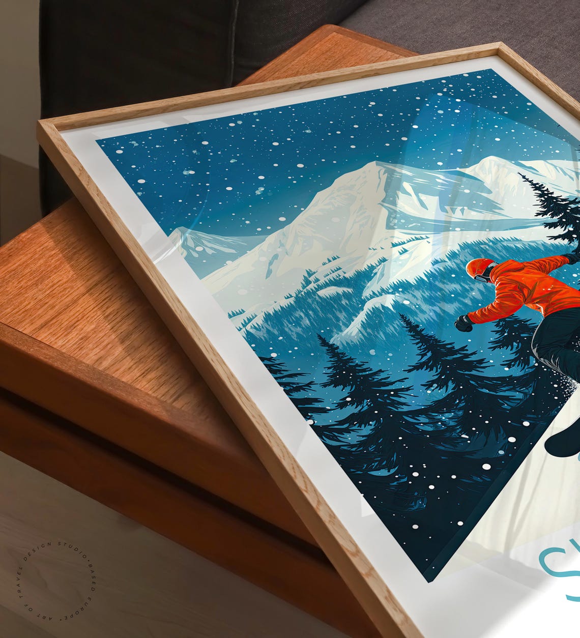 Sun Valley Idaho Snowboarder Carving Fresh Powder At Night Poster - Image 3