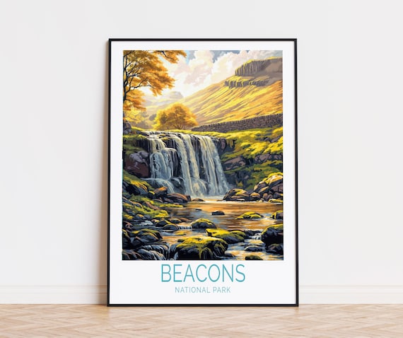 Beacons National Park Golden Waterfall Scene Wales Travel Poster