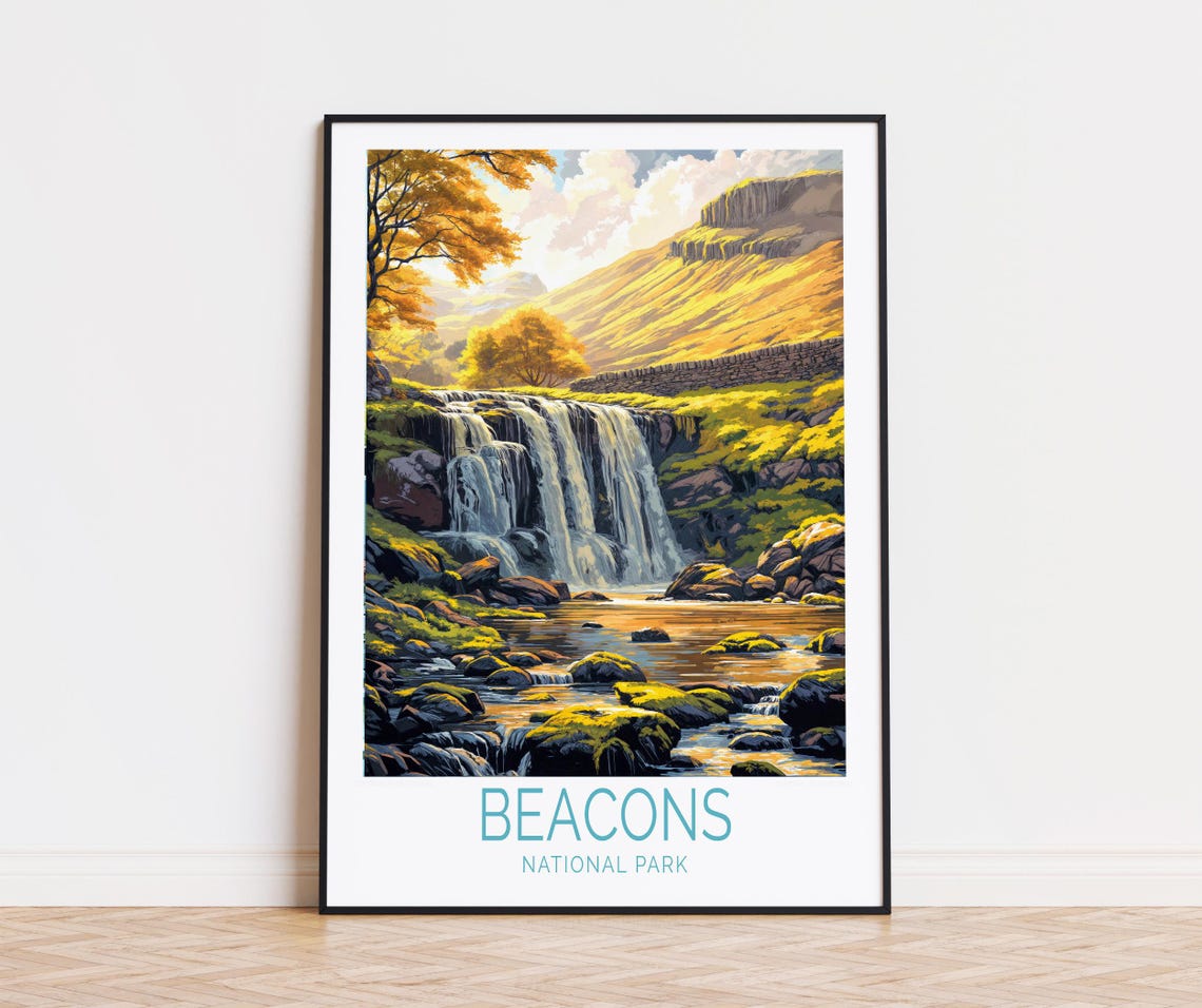 Beacons National Park Golden Waterfall Scene Wales Travel Poster