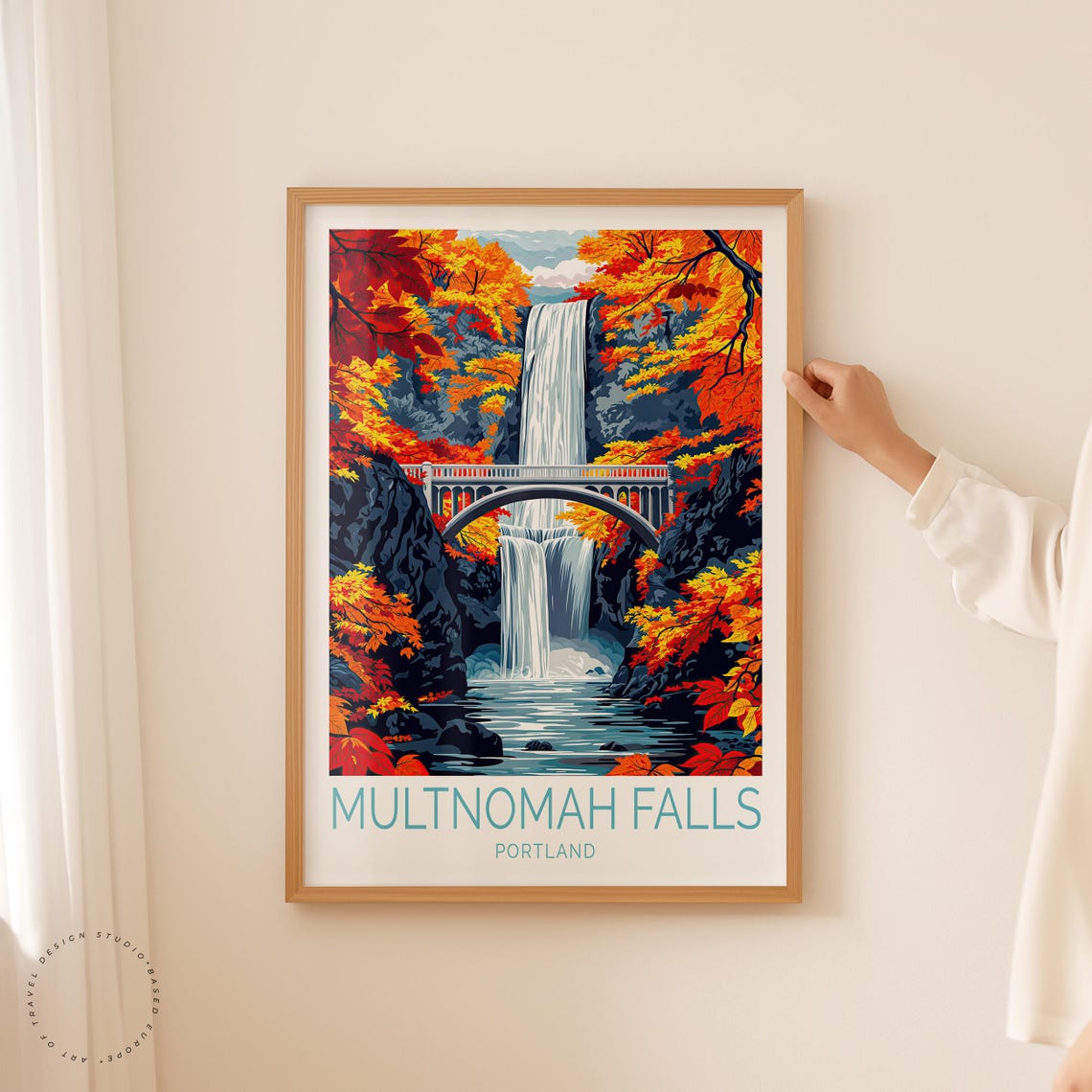 Multnomah Falls Portland Autumn Foliage Waterfall View Poster - Image 2