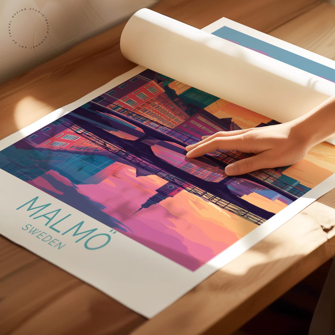 Malmo Sweden Sunset Skyline River Bridge Reflection Travel Poster - Image 2