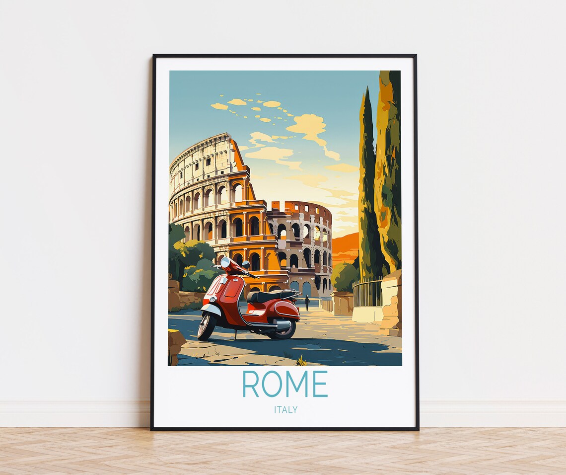 Rome Italy Colosseum Red Vespa Scooter Golden Sunset Street Poster
