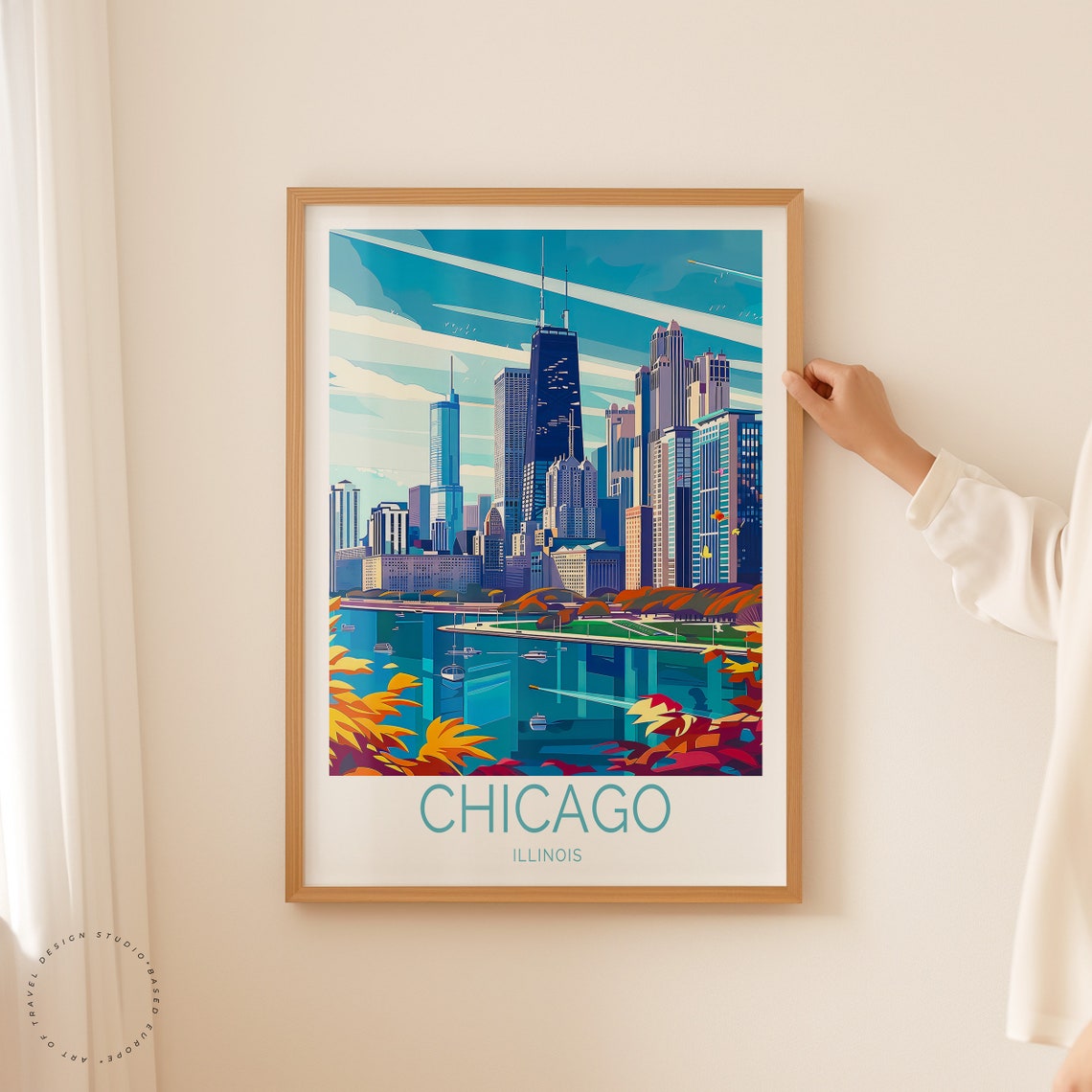 Chicago Lakefront Skyline Autumn Fall Vintage Style Travel Poster - Image 2