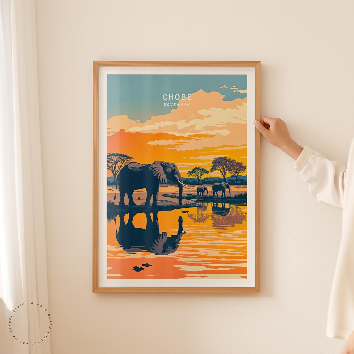 Chobe Botswana Elephants Waterhole Golden Sunset Safari Travel Poster - Image 2