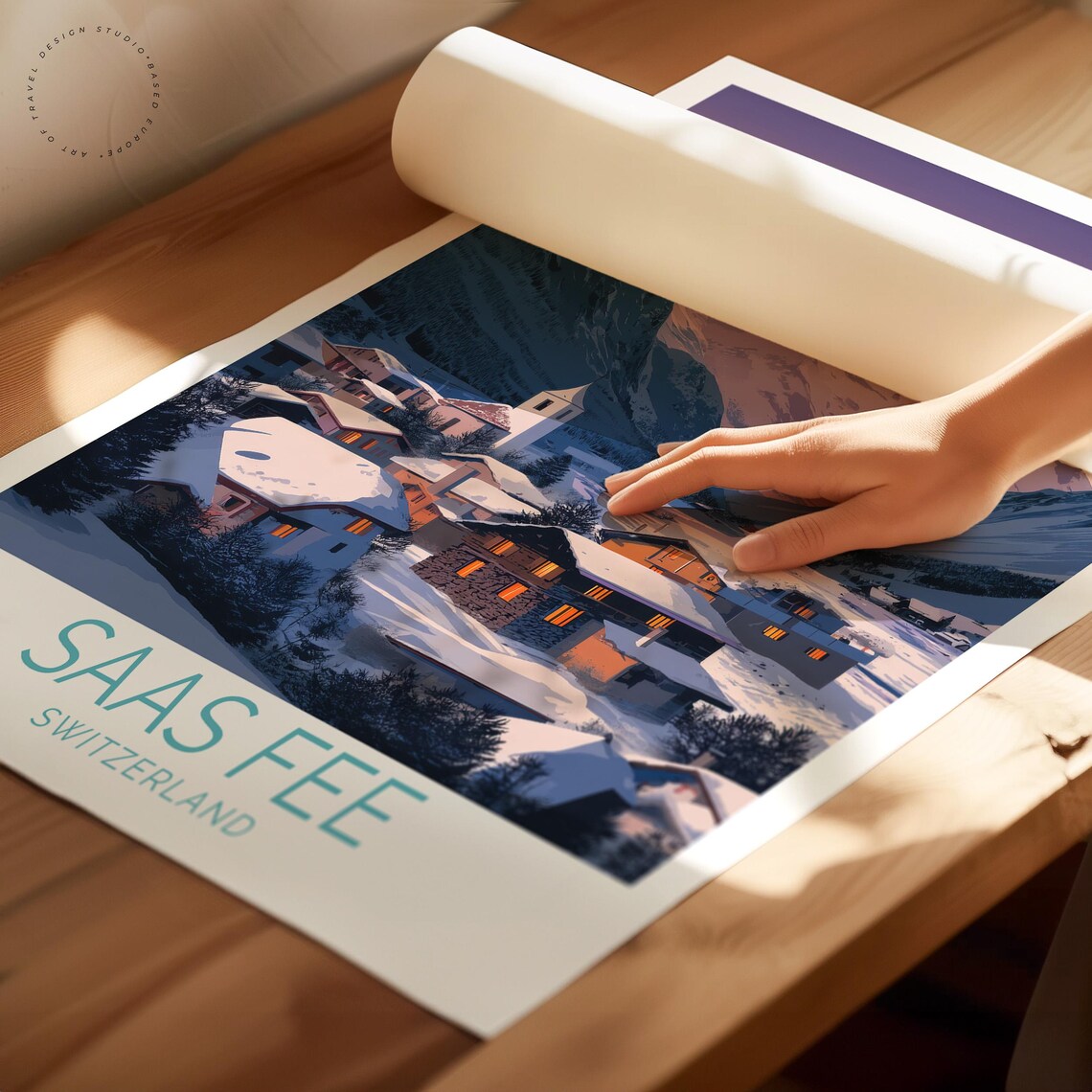 Saas Fee Switzerland Alpine Village Snowy Dusk Sky Travel Poster - Image 2