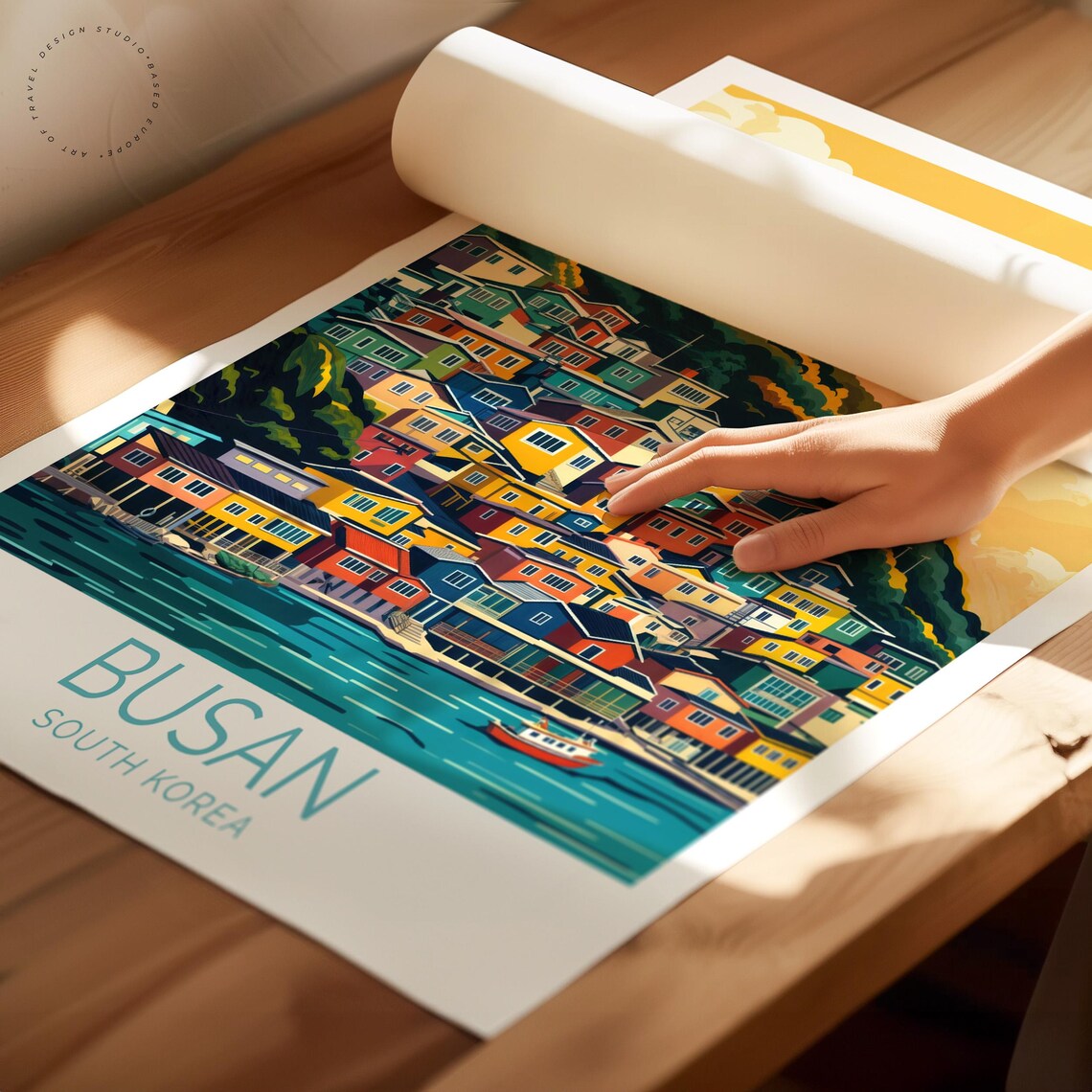 Busan South Korea Sunset Harbor Hillside Homes Travel Poster - Image 2