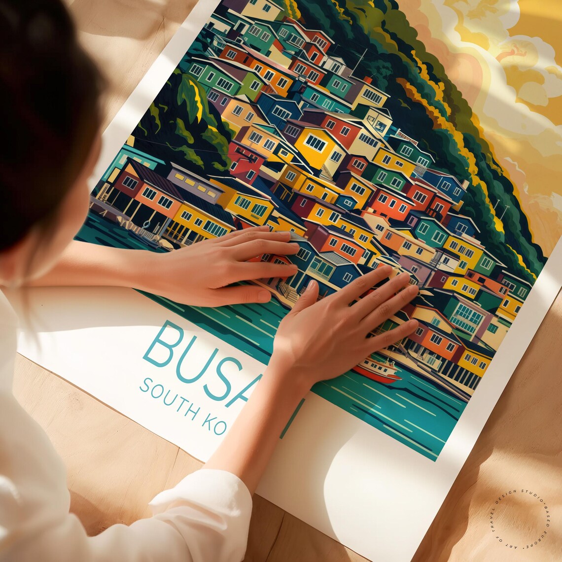 Busan South Korea Sunset Harbor Hillside Homes Travel Poster - Image 3