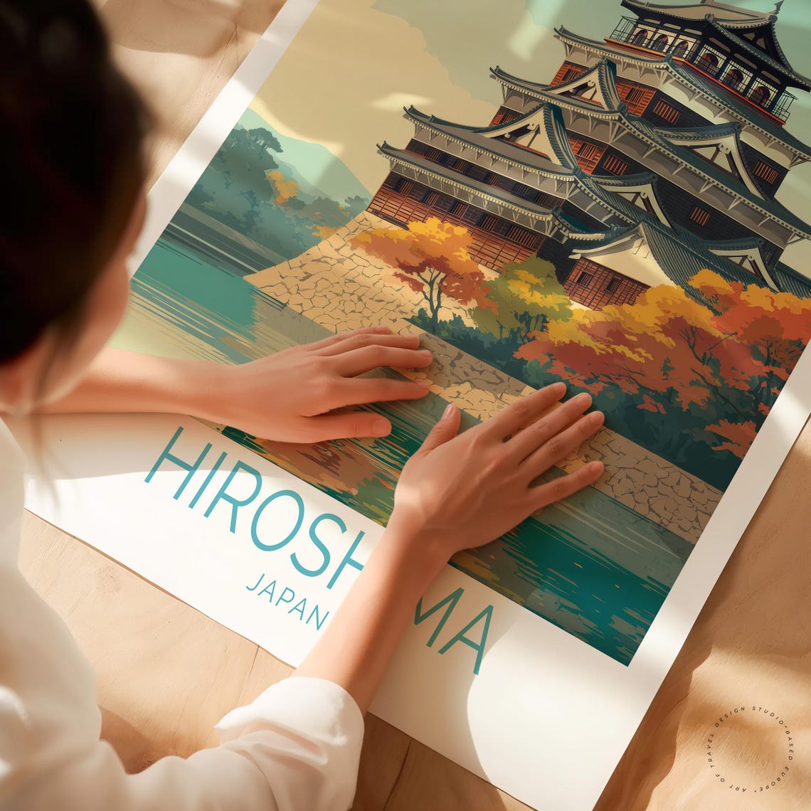 Hiroshima Japan Castle Autumn Moat Reflection Scenic Travel Poster - Image 3