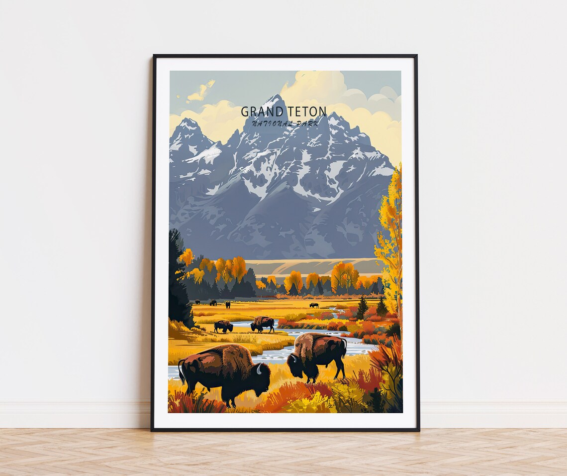 Grand Teton National Park Grazing Bison Close View Travel Poster