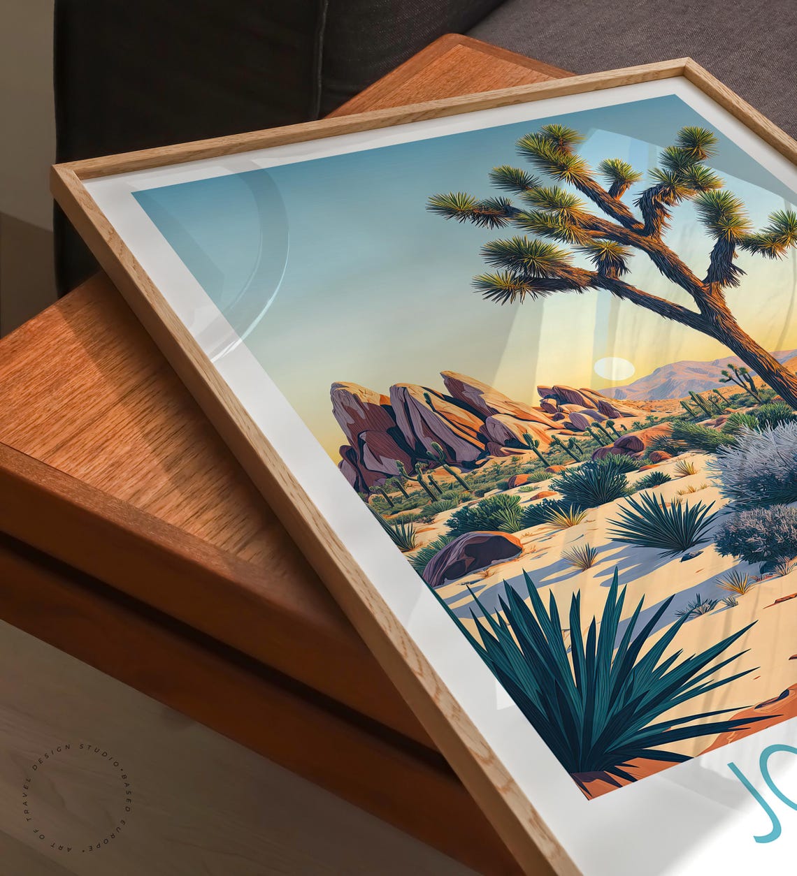 Joshua Tree Sunset Desert Glowing Orange Rocks Caption Below Poster - Image 3