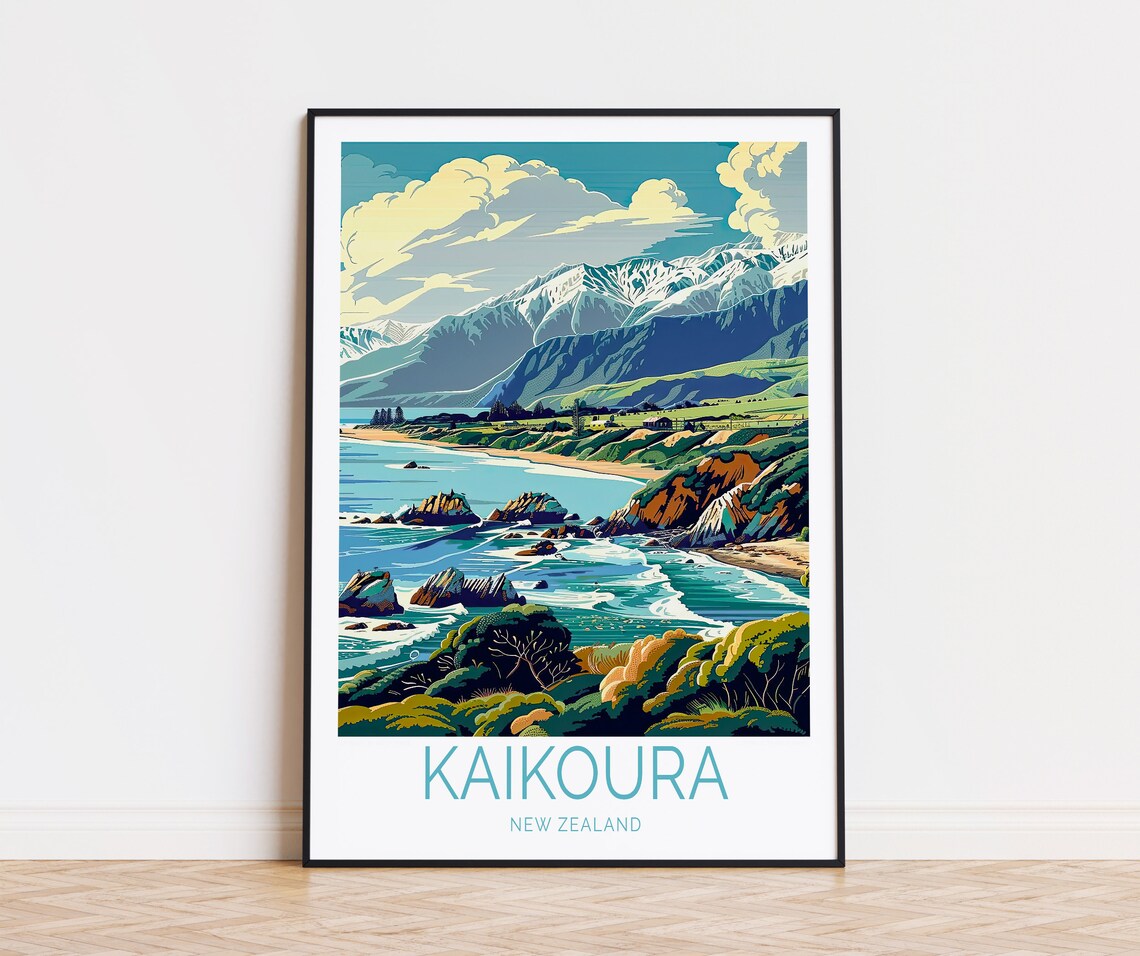 Kaikoura New Zealand Snowy Mountain Coastline Travel Art Poster