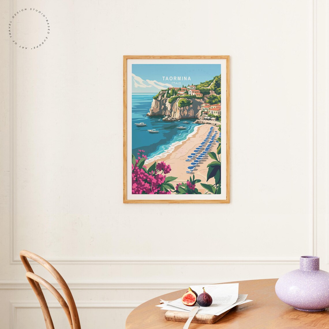 Taormina Italy Cliffside Town Beach Blue Umbrellas Vintage Poster - Image 4