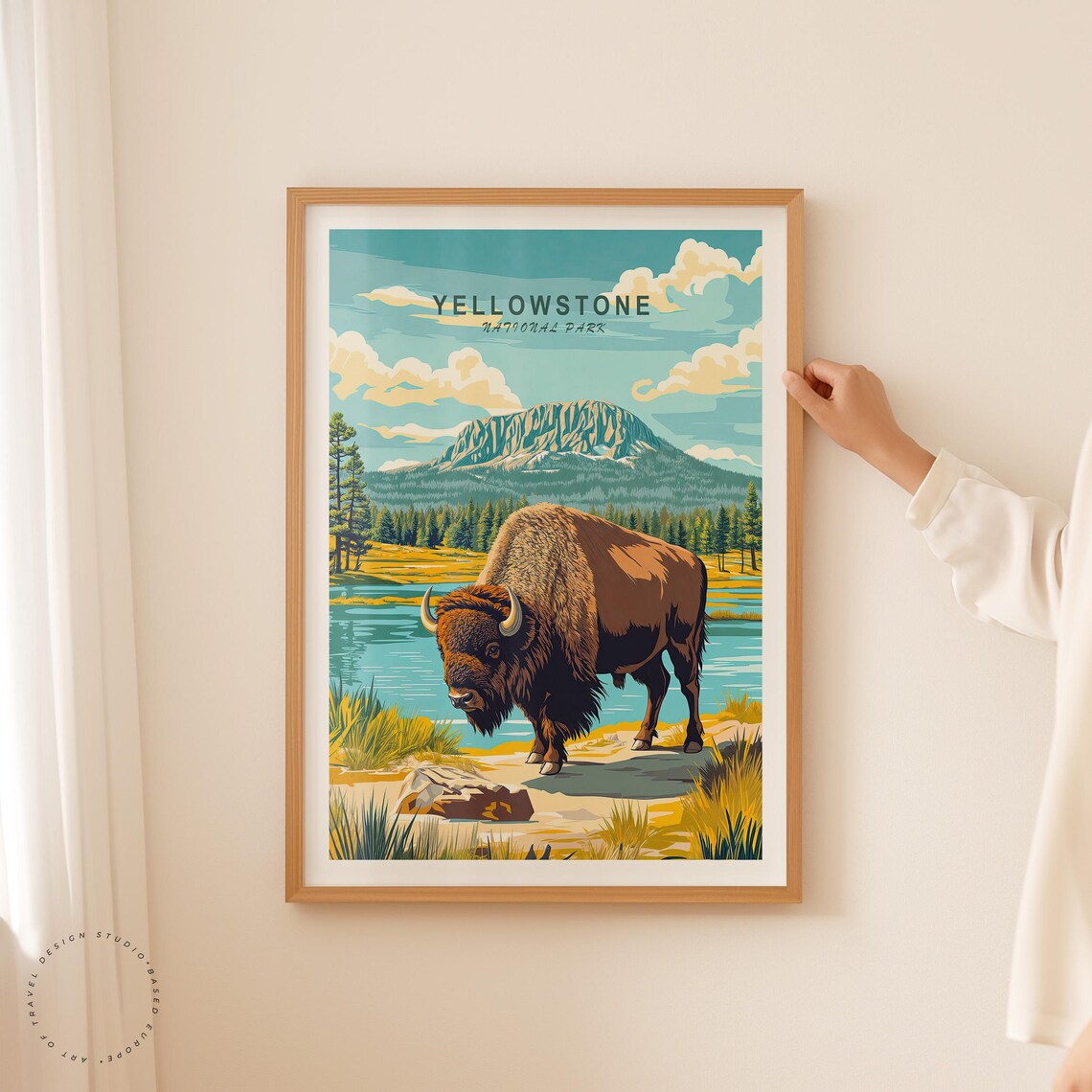 Yellowstone National Park Bison Meadow Lake Mountain Top Title Poster - Image 2