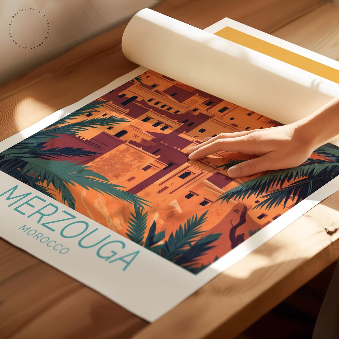 Merzouga Morocco Adobe Kasbah Palm Trees Desert Sunset Travel Poster - Image 2