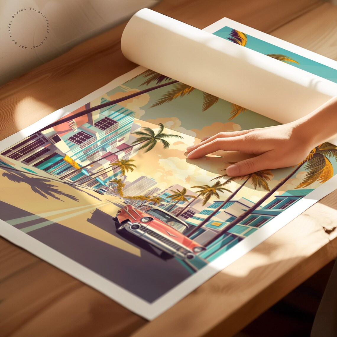 Miami Florida Sunset Palm Avenue Retro Vintage Car Travel Poster - Image 2
