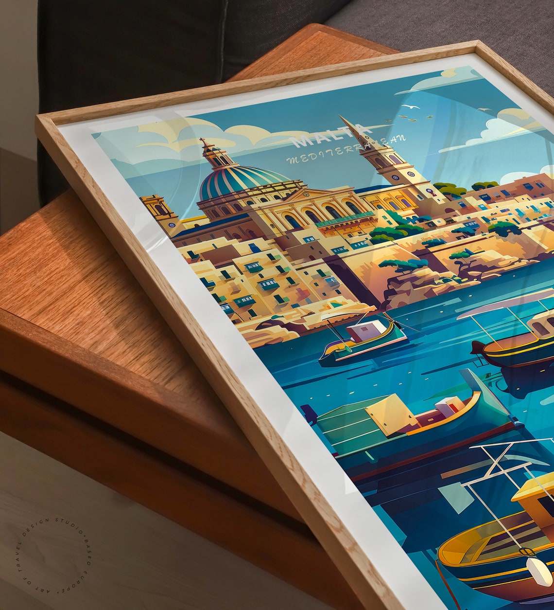Malta Mediterranean Harbor Colorful Boats Cathedral Dome Coast Poster - Image 3